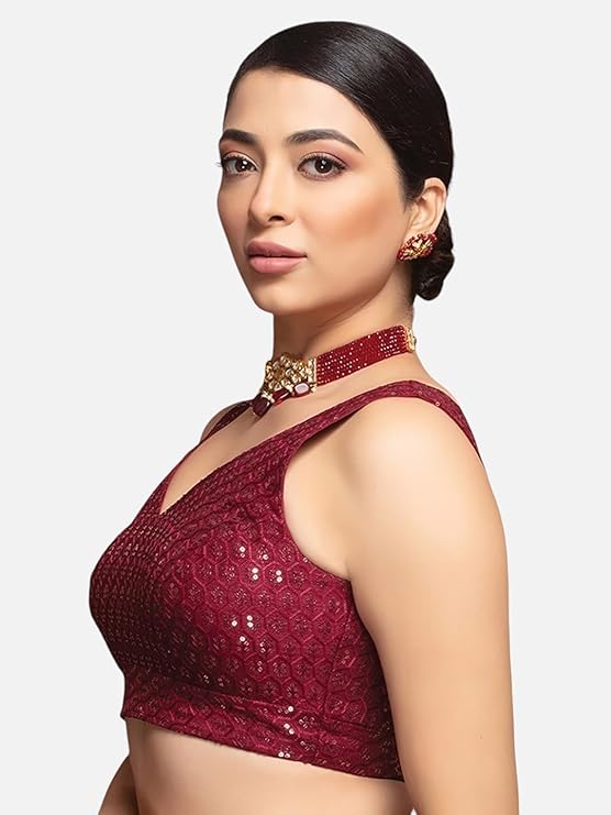 Neckbook Silk Sequin Embellished V-Neck Sleeveless Blouse