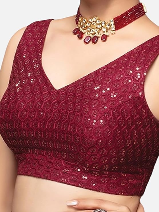 Neckbook Silk Sequin Embellished V-Neck Sleeveless Blouse