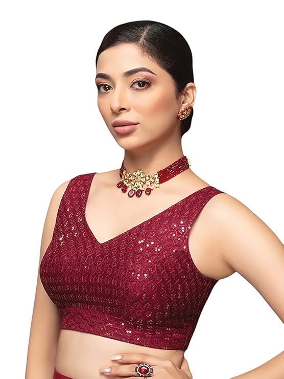 Image of Neckbook Women's Silk Sequin Embellished V-Neck Sleeveless Readymade Saree Blouse from Lehera Fashions