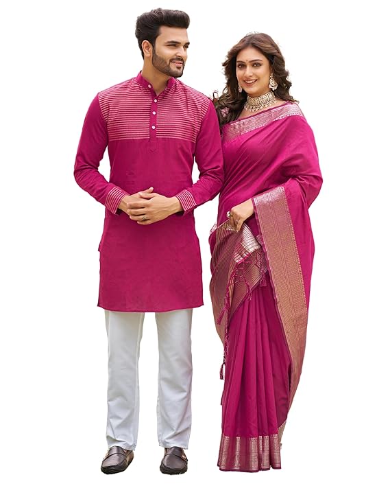 Image of Couple Dress Set Silk Saree & Kurta Pajama from Lehera Fashions