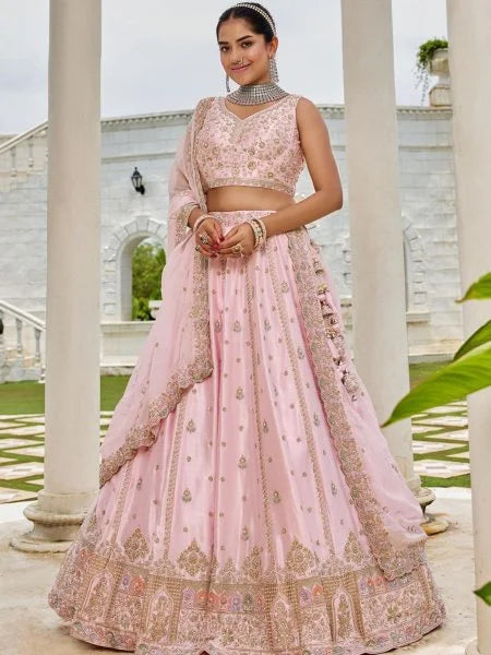 Pink Silk Bridal Lehenga Choli adorned with sequins and intricate thread embroidery