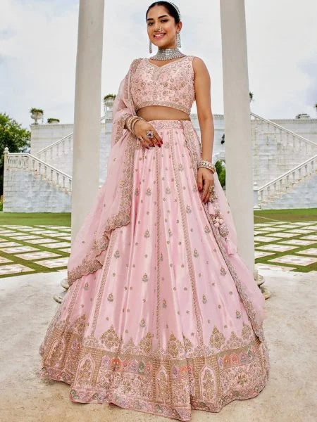 Pink Silk Bridal Lehenga Choli adorned with sequins and intricate thread embroidery