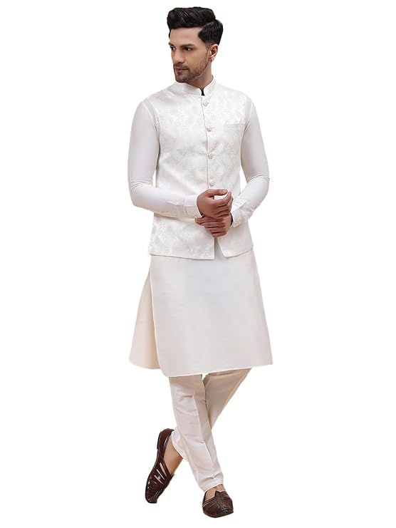 Image of Men Off-White Kurta Pajama & Gold Woven Design Jacquard Nehru Jacket from Lehera Fashions