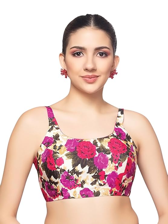 Image of Neckbook Women's Silk Floral Sleeveless Round Neck Padded Readymade Saree Blouse from Lehera Fashions