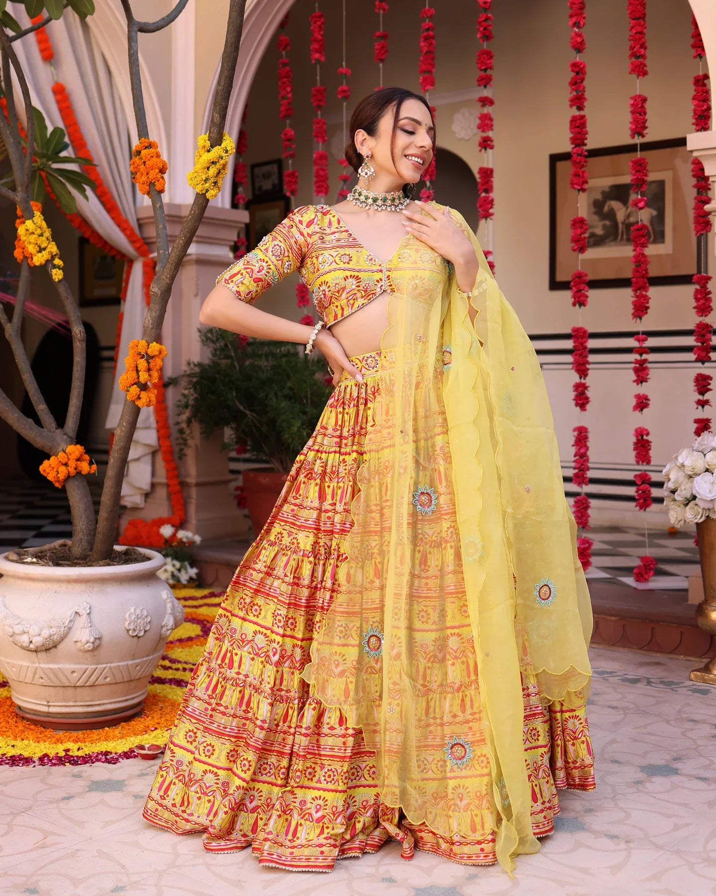 Image of Sunshine Blooms Yellow Printed Satin Lehenga Set from Lehera Fashions