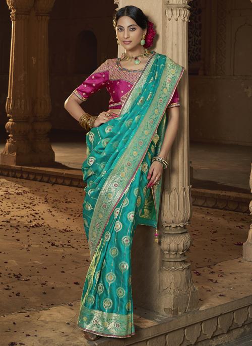 Image of Stunning Teal Pure Satin Embroidery Work Wedding Saree from Lehera Fashions