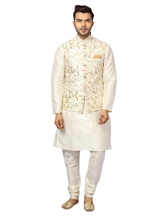 Uri and MacKenzie Men's Silk Blend Kurta Pyjama with Stylish Embroidered Ethnic Jacket - Image 1