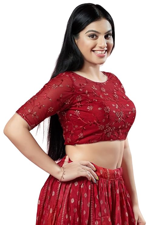 Vamas Women's Polyester Padded Self-Design Half Sleeve Readymade Saree Blouse