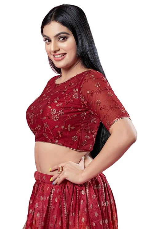Vamas Women's Polyester Padded Self-Design Half Sleeve Readymade Saree Blouse