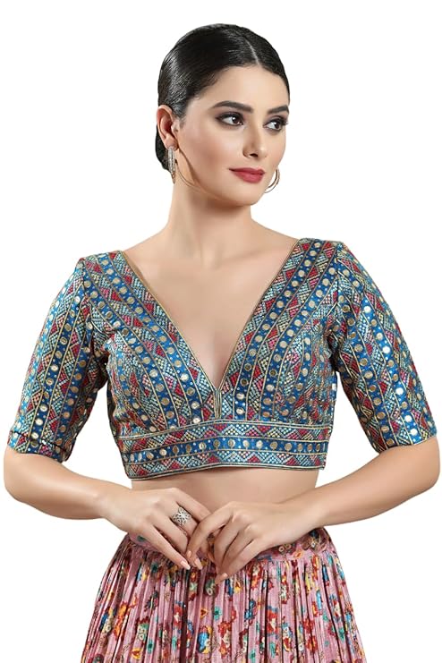 Image of Women's Blue Embroidered Silk Readymade Saree Blouse from Lehera Fashions