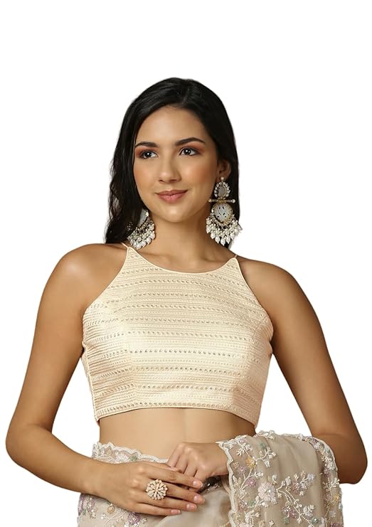 Image of Women's Gold Embroidered Sleeveless Silk Readymade Saree Blouse from Lehera Fashions