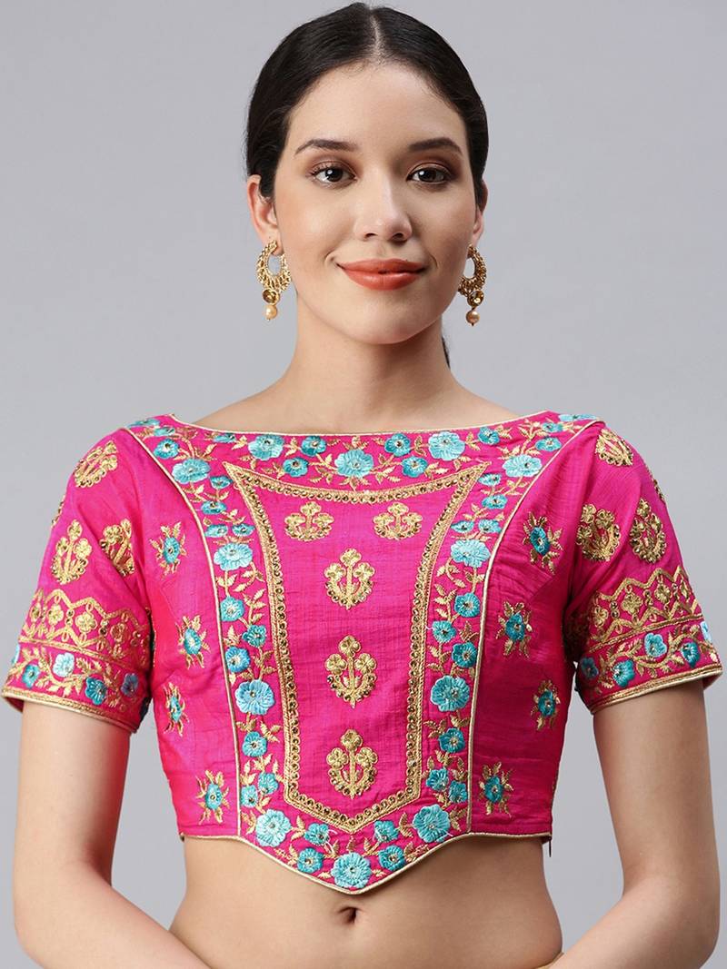 Image of Women's Pink Readymade Embroidered Art Silk Saree Blouse from Lehera Fashions