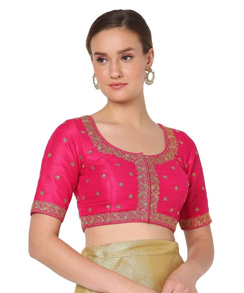 Image of Women's Pink Silk Blend Embroidered Readymade Saree Blouse from Lehera Fashions