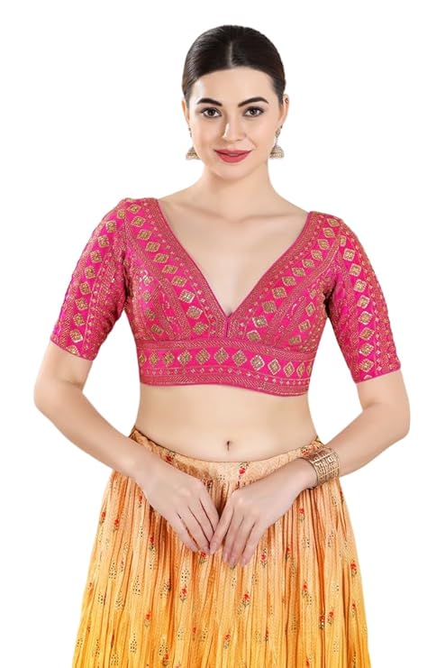 Image of Women's Silk Padded Self-Design Half Sleeve Readymade Saree Blouse from Lehera Fashions