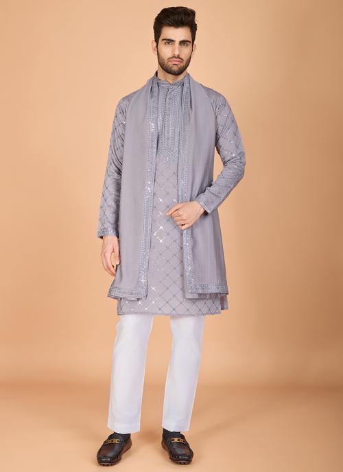 Grey Viscose Silk Embroidery Work Festival Wear Readymade Kurta Pajama