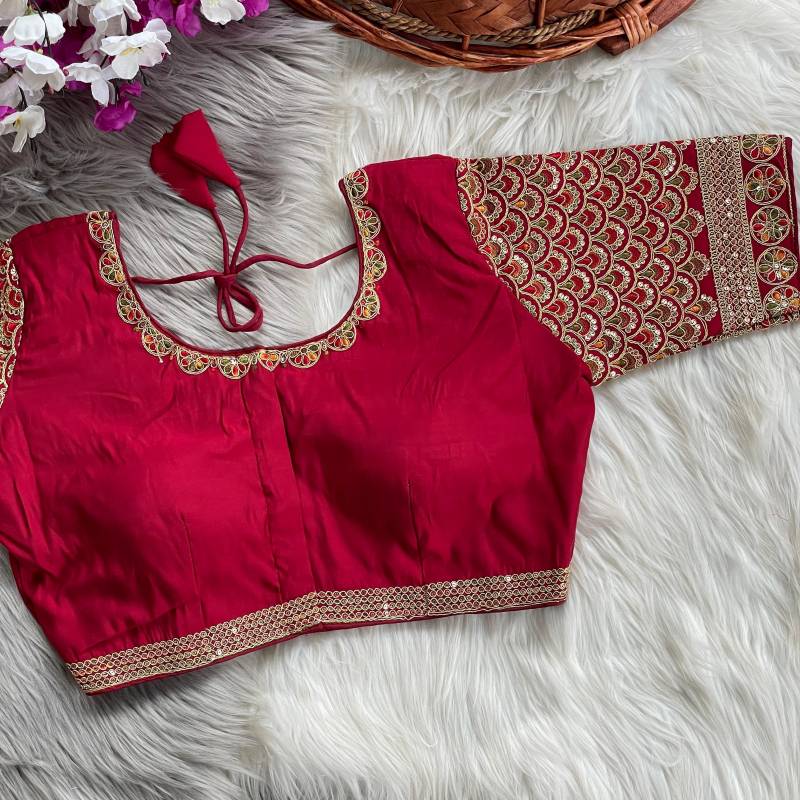 Regal Red Embroidered Blouse – Traditional Festive Wear