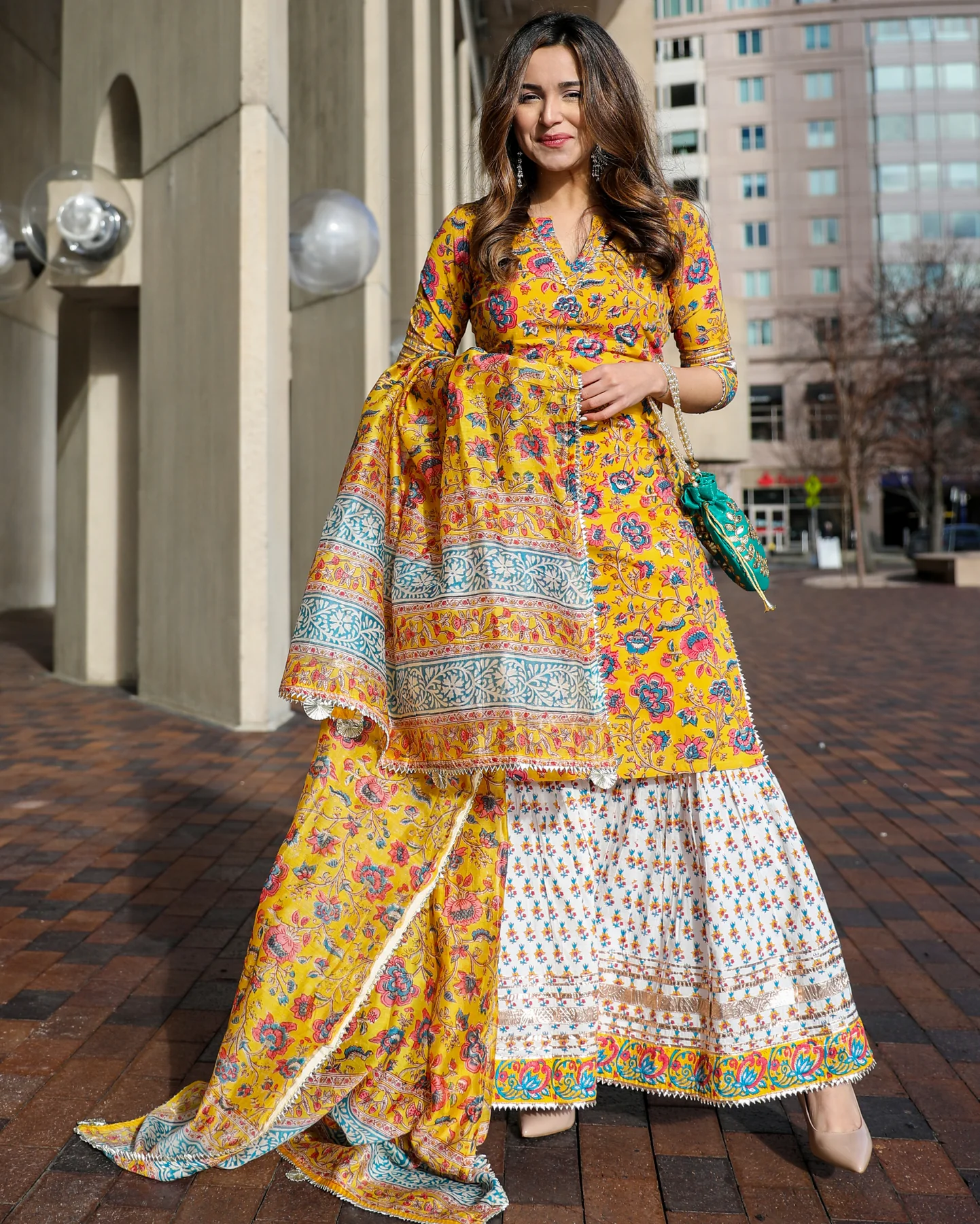 Yellow Goldfinch Handblock Sharara Set with Straight Kurta and Chanderi Dupatta