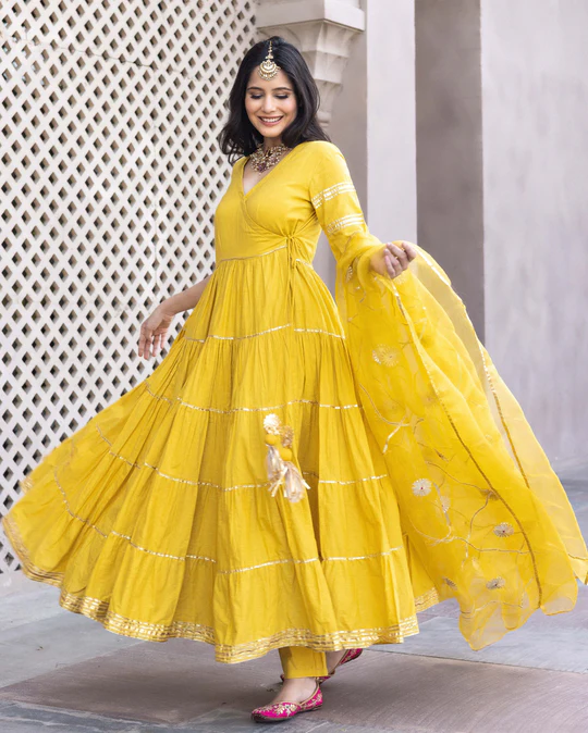 cotton suit set, Angrakha suit, festive wear, haldi outfit, mustard suit, gota work suit, organza dupatta, traditional attire