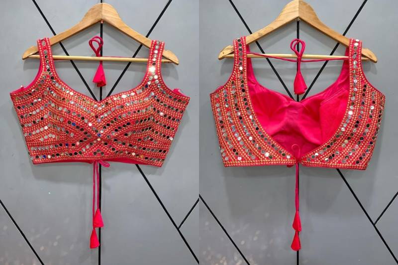 Heavy Phantom Silk Mirror Work Blouse – Hot Pink